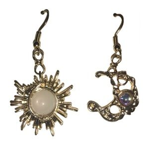 “Bohemian Astrology” Sun Moon Gold Wire Wrapped Celestial Stone Mismatch Dangles